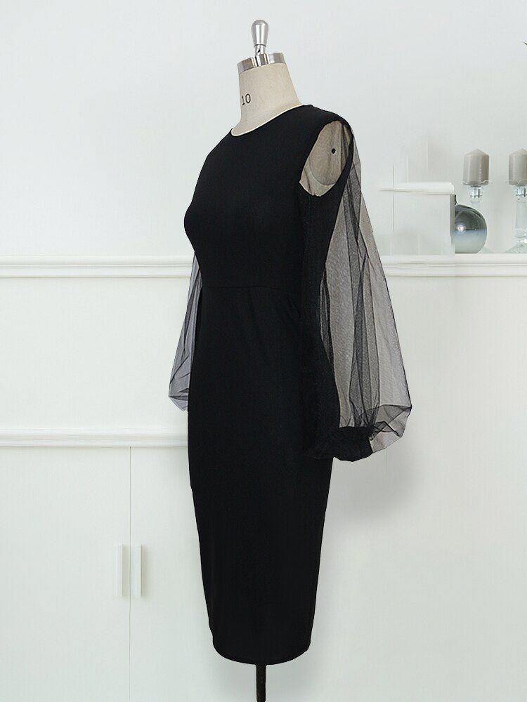 Women Bodycon Dress sheer long lantern sleeve