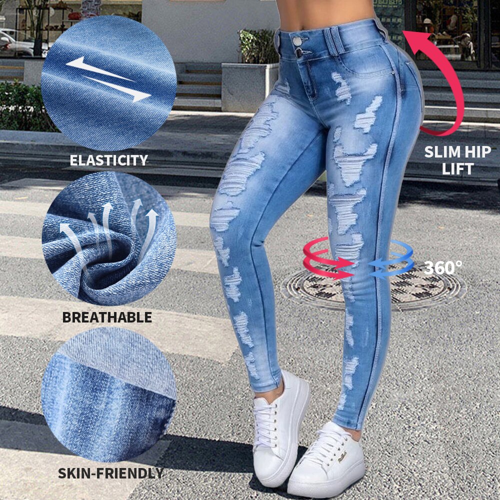 Plus Size Women Skinny Jeans Ripped Causal Denim Pants Light Washed High Waist Tight Ladies Jeans Causal Hole Female Trousers