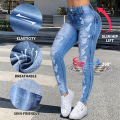 Plus Size Women Skinny Jeans Ripped Causal Denim Pants Light Washed High Waist Tight Ladies Jeans Causal Hole Female Trousers