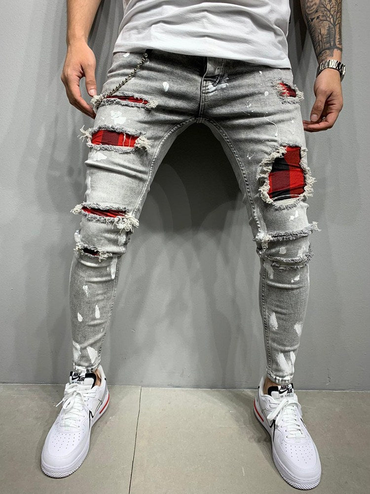 Fashion Men Jeans Knee Hole Ripped Stretch Skinny Denim Pants Solid Color Autumn Summer Hip-Hop Style Slim Fit Trousers