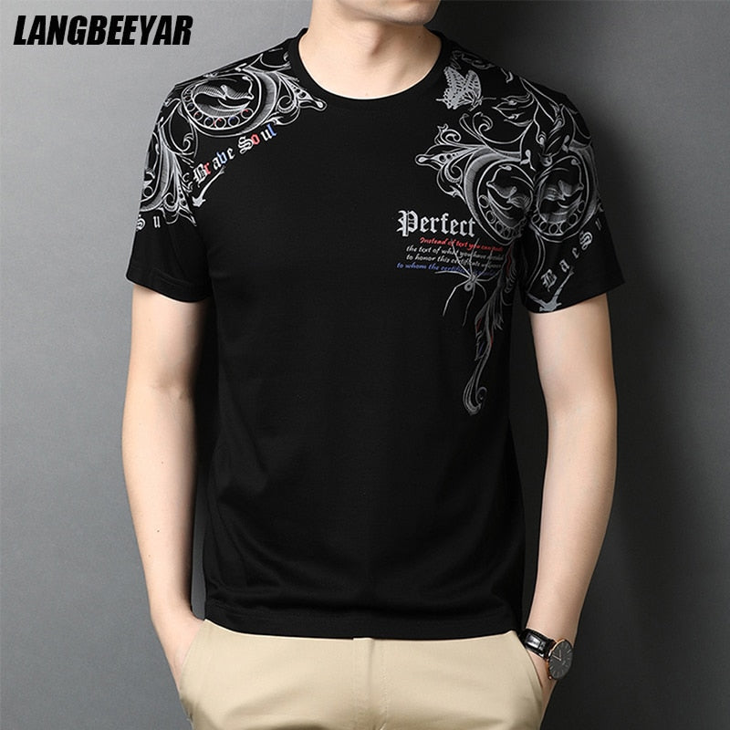 Top Quality Mercerized Cotton Summer Print New Brand Tops O Neck t Shirt Men 2023 Short Sleeve Casual Fashion Mens Clothing