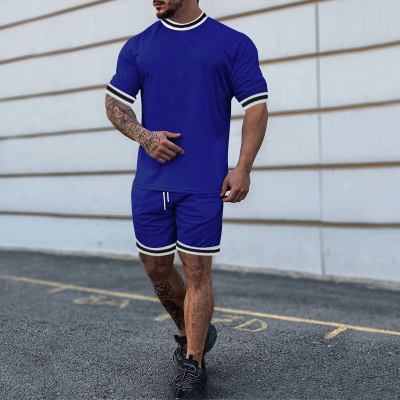 Summer Men&#39;s New Solid Color Round Neck Top Shorts Suit Male Fashion Sports T-shirt Casual Set