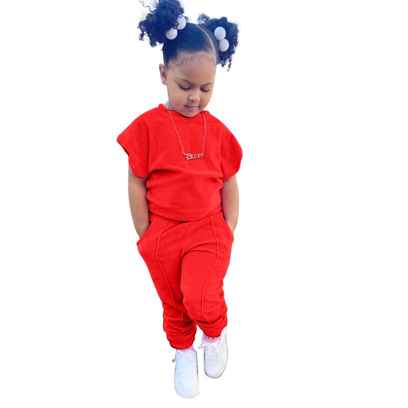 Fashion Kids Little Girls Clothing 2 Pieces Sets Cotton Solid Casual T-shirt+Elastic Waist Pants Young Children Outfits 1-6Y