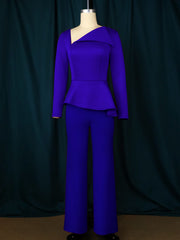 Women Red Jumpsuit Peplum Long Sleeves Slim Asymmetric Collar Office Ladies Classy Elegant Fashion Party One Piece Modest Romper