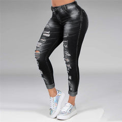 Washed Ripped Jeans Women S-5XL Korean High Waist Trousers Skinny Denim Jeans Black Blue Hollow Bleached Pencil Pants 2022