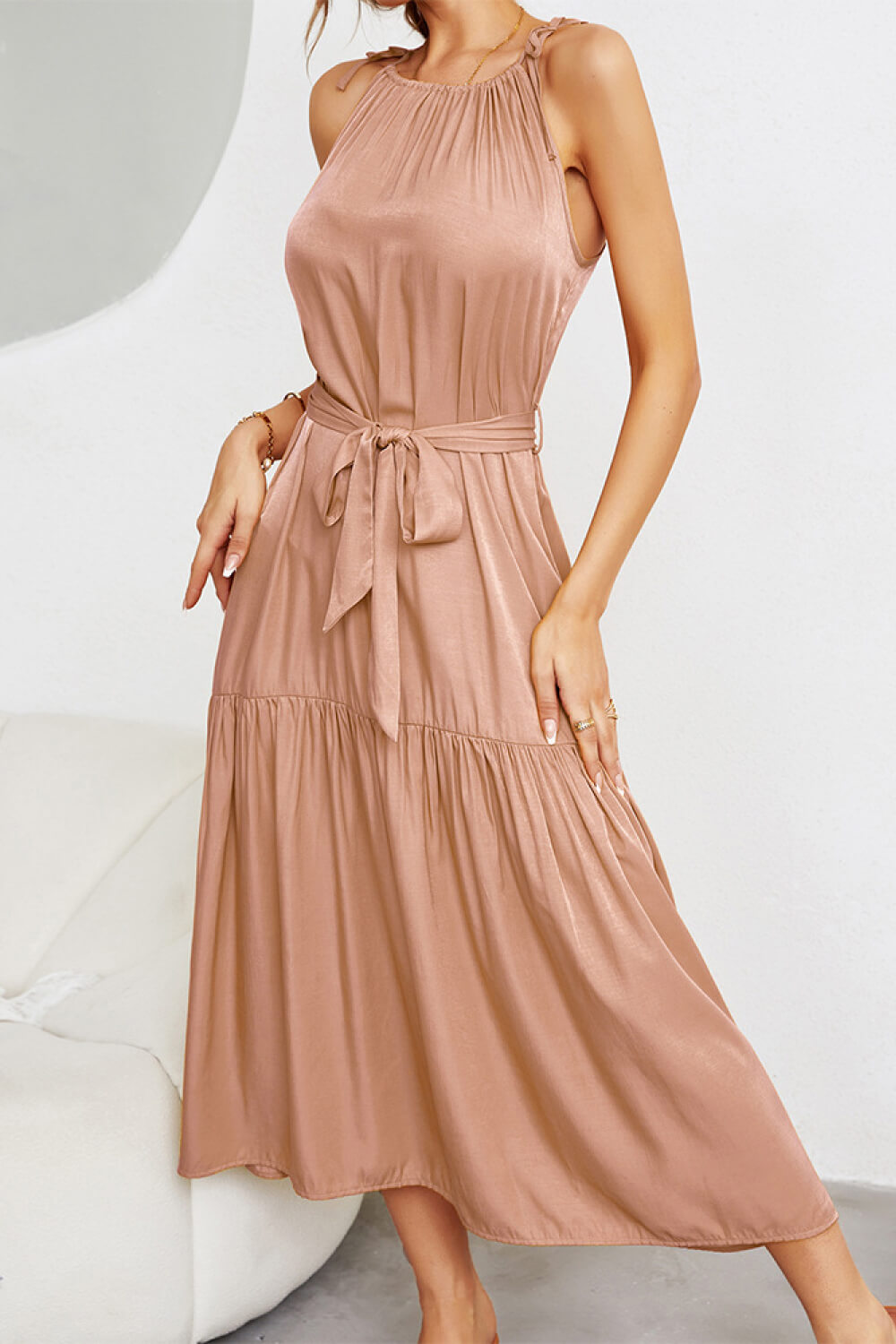 Tie-Waist Sleeveless Ruffle Hem Maxi Dress
