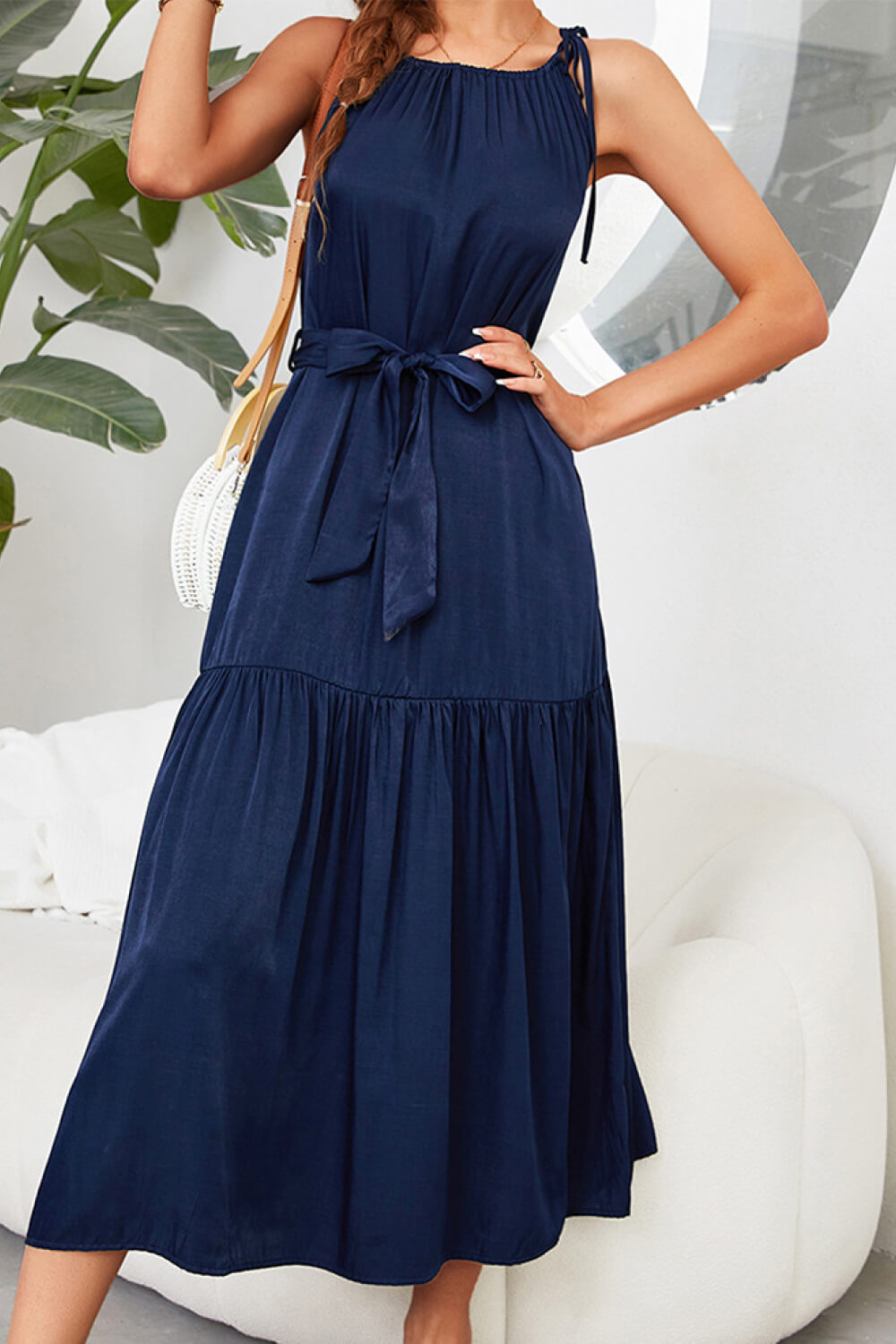 Tie-Waist Sleeveless Ruffle Hem Maxi Dress
