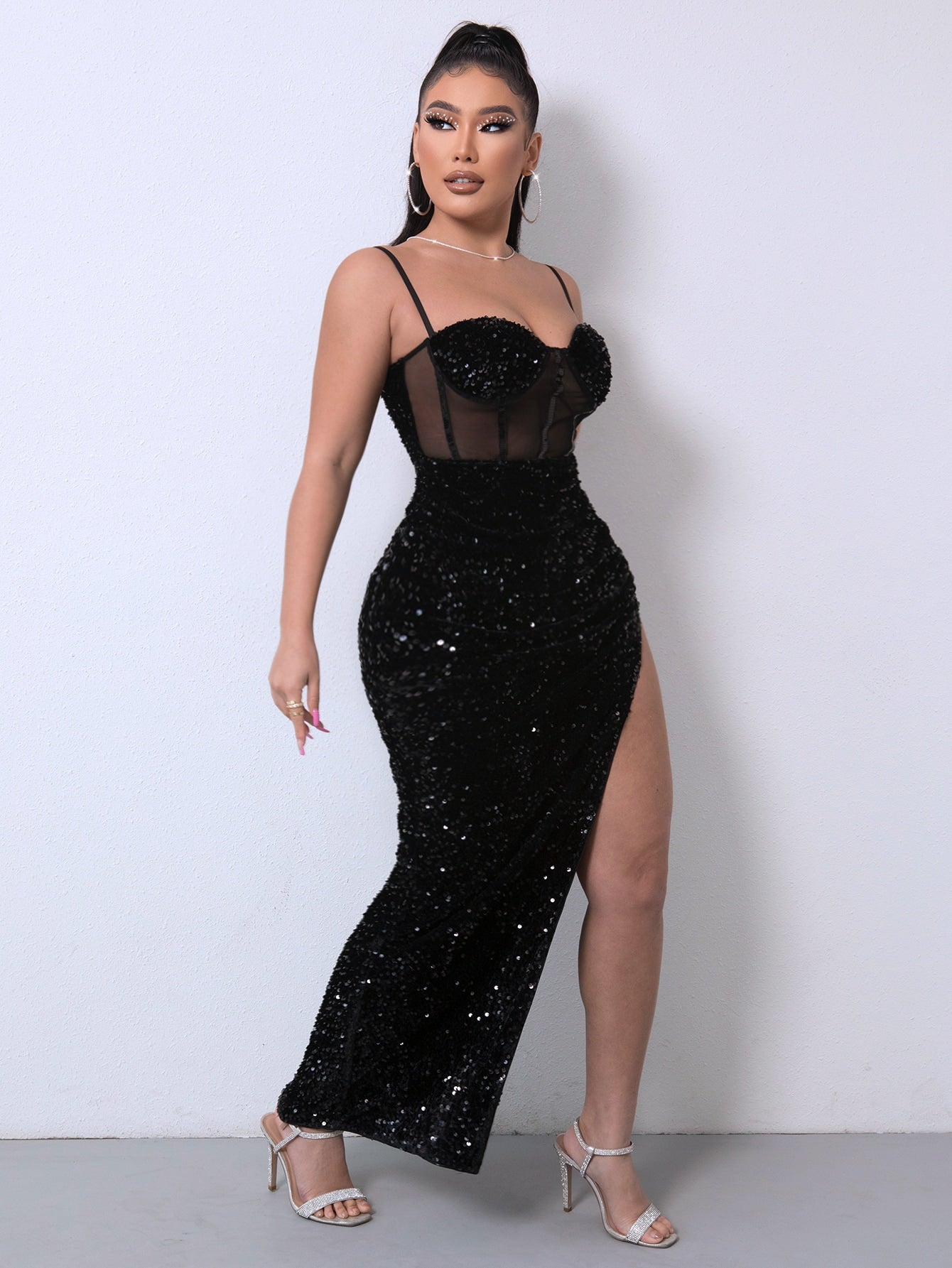 Sequin Spliced Mesh Adjustable Strap Dress - Women & Men Fashion Store | JL Fashion Store